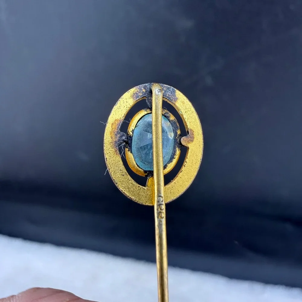 Vintage CPB Stick Pin Gold Tone Light Blue Oval Stone Hammered Circle
